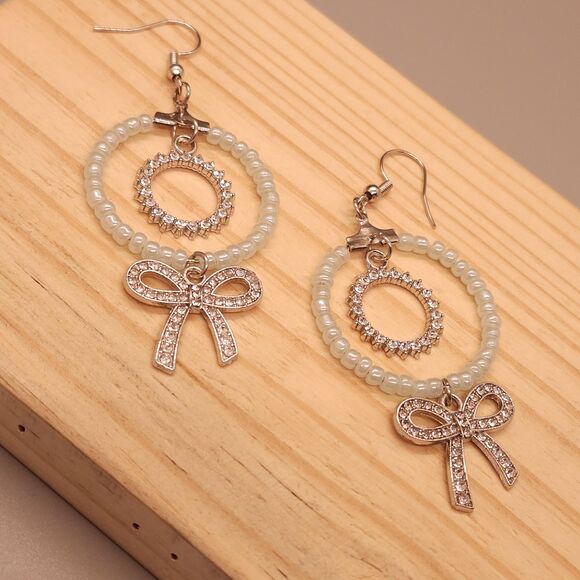 Sparkly Light Blue Circle Earrings with Bow – Cute and Elegant Handmade Jewelry - Picture 3 of 3